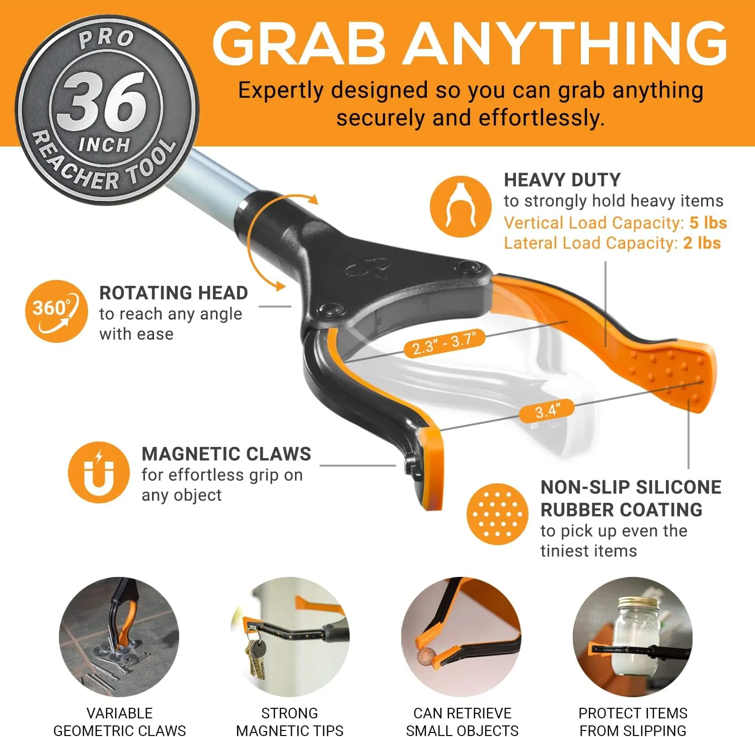 EZPIK Pro 36" Flexible Folding Grabber Tool for Elderly   Magnets, Reacher for Disabled & Seniors Heavy Duty Rotating Grippers for Reaching Underneath, Trash Grabbers & Pickers for Mobility 2-Pack