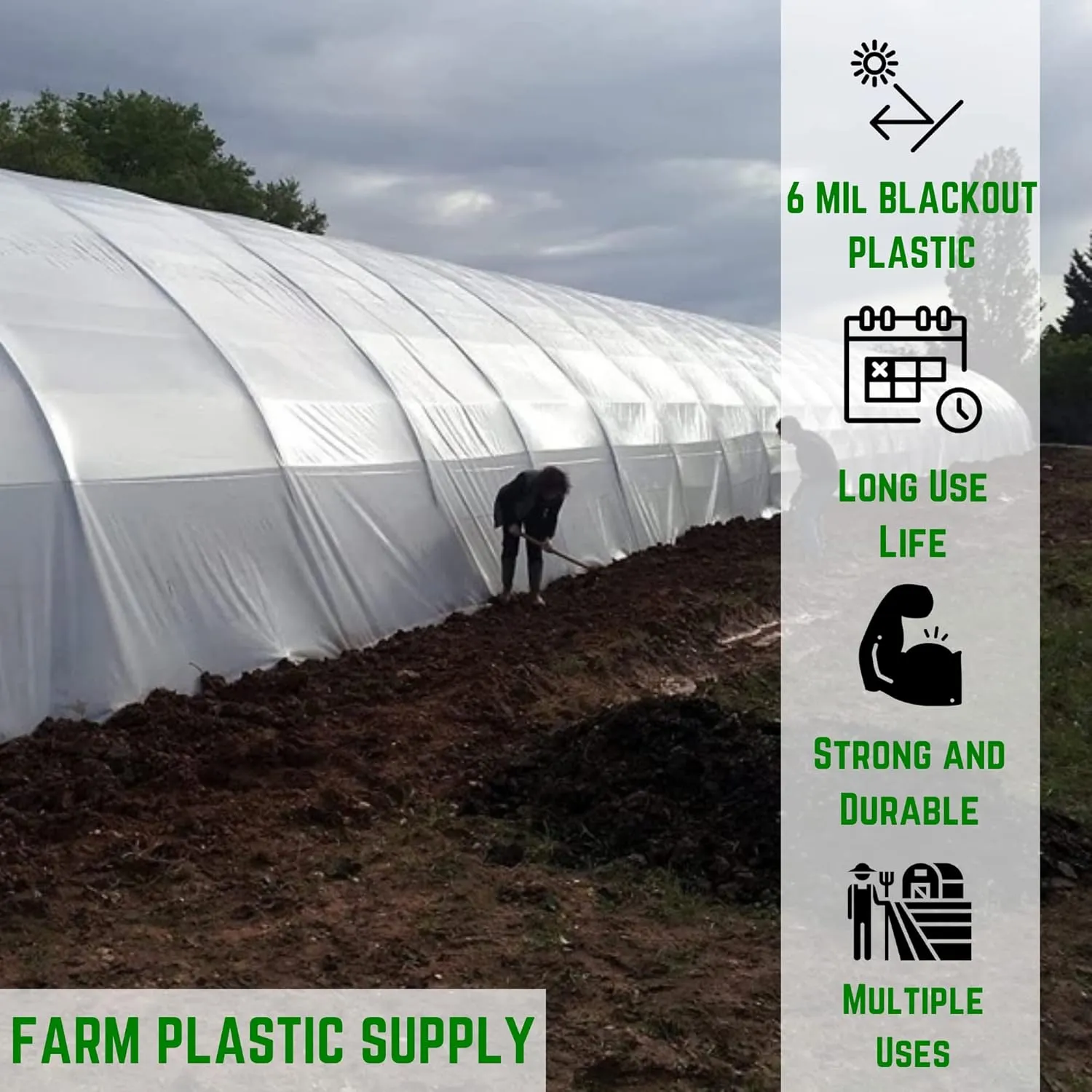 Farm Plastic Supply - Panda Film Light Deprivation Greenhouse Cover - 6 mil - (16' x 25') - 100% Blackout Tarp, Black White Plastic Sheeting, Green House Poly Film