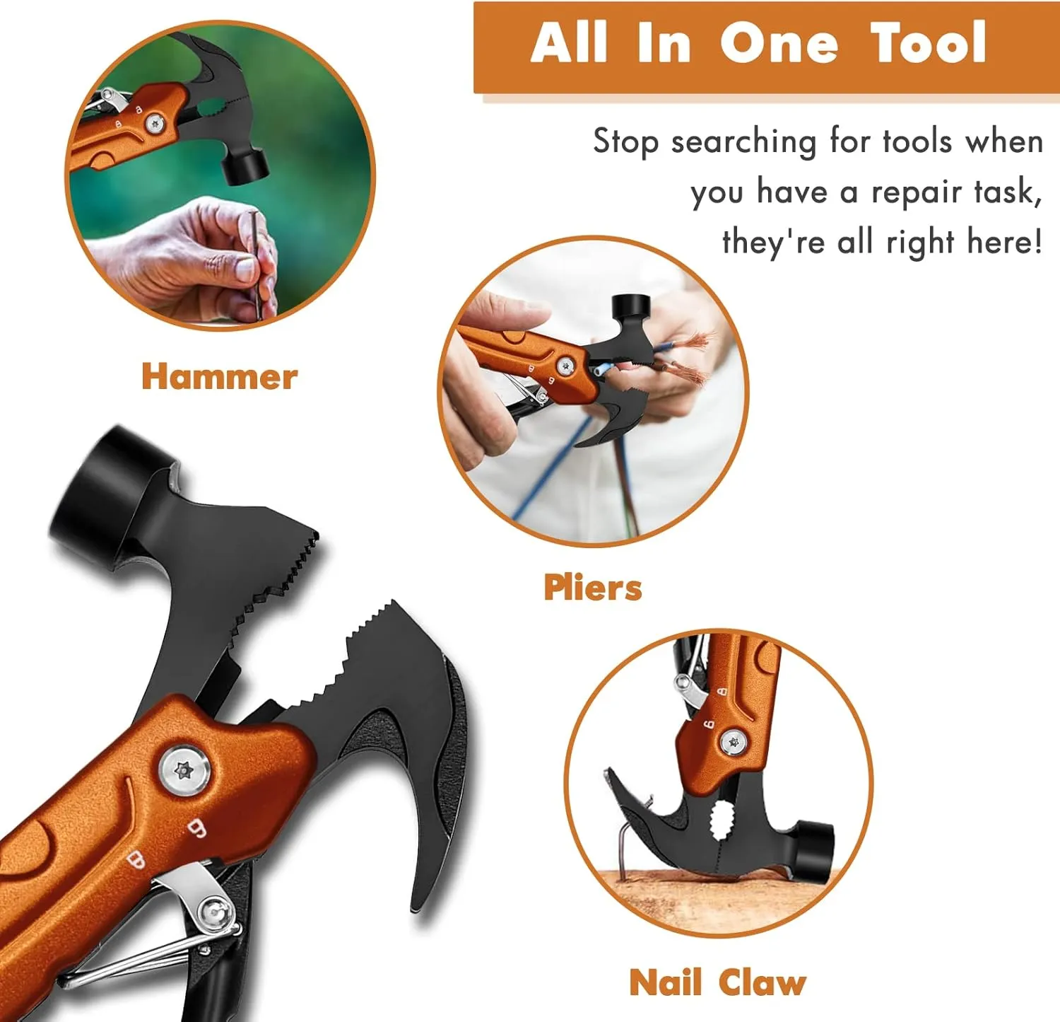 Father's Day Gifts for Men from Daughter Son Wife, Hammer Multitool Cool Gadgets Multi Tool with Gift Box Carrying Case Birthday Stocking Stuffers for Husband Him(Orange)