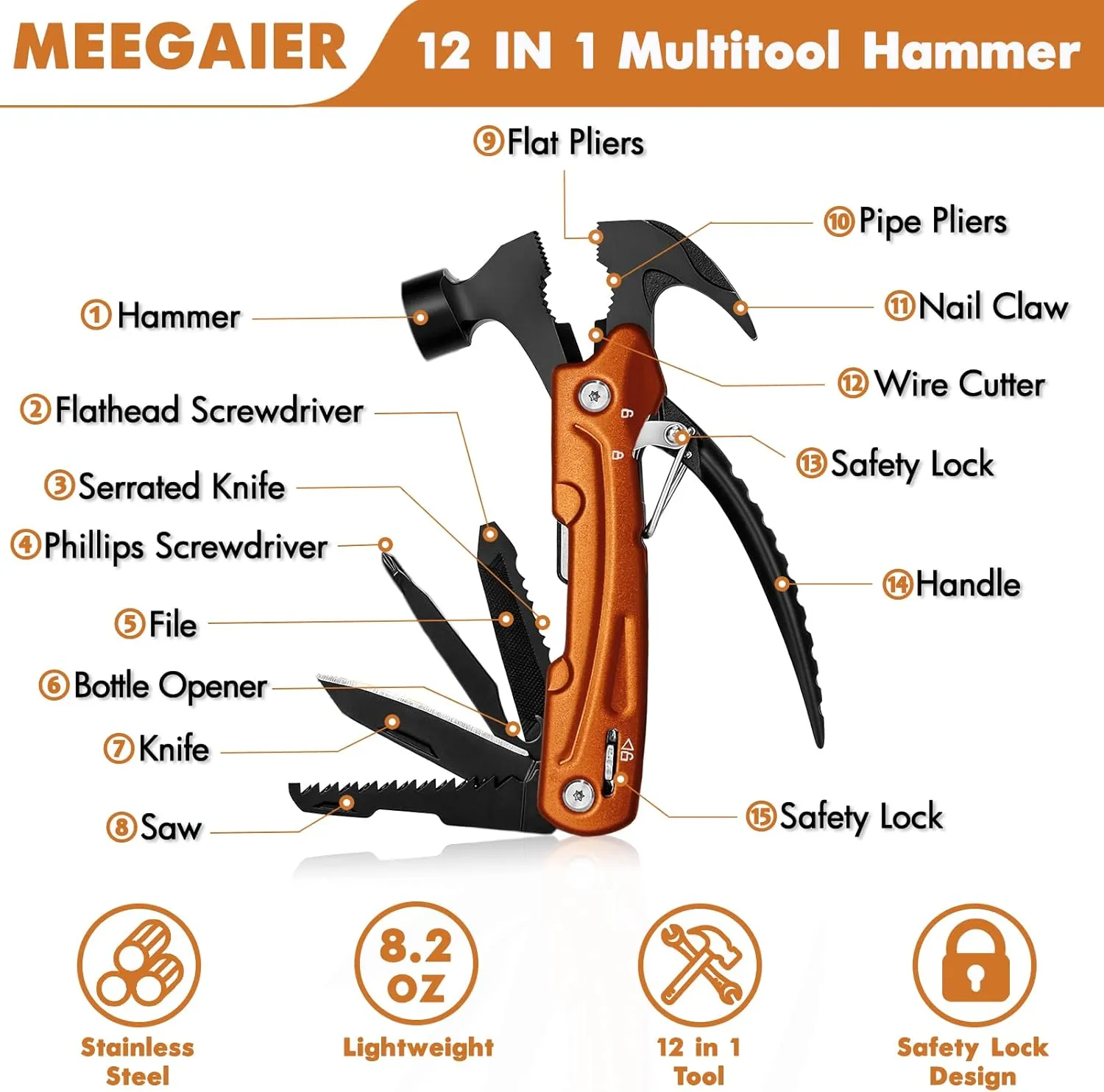 Father's Day Gifts for Men from Daughter Son Wife, Hammer Multitool Cool Gadgets Multi Tool with Gift Box Carrying Case Birthday Stocking Stuffers for Husband Him(Orange)