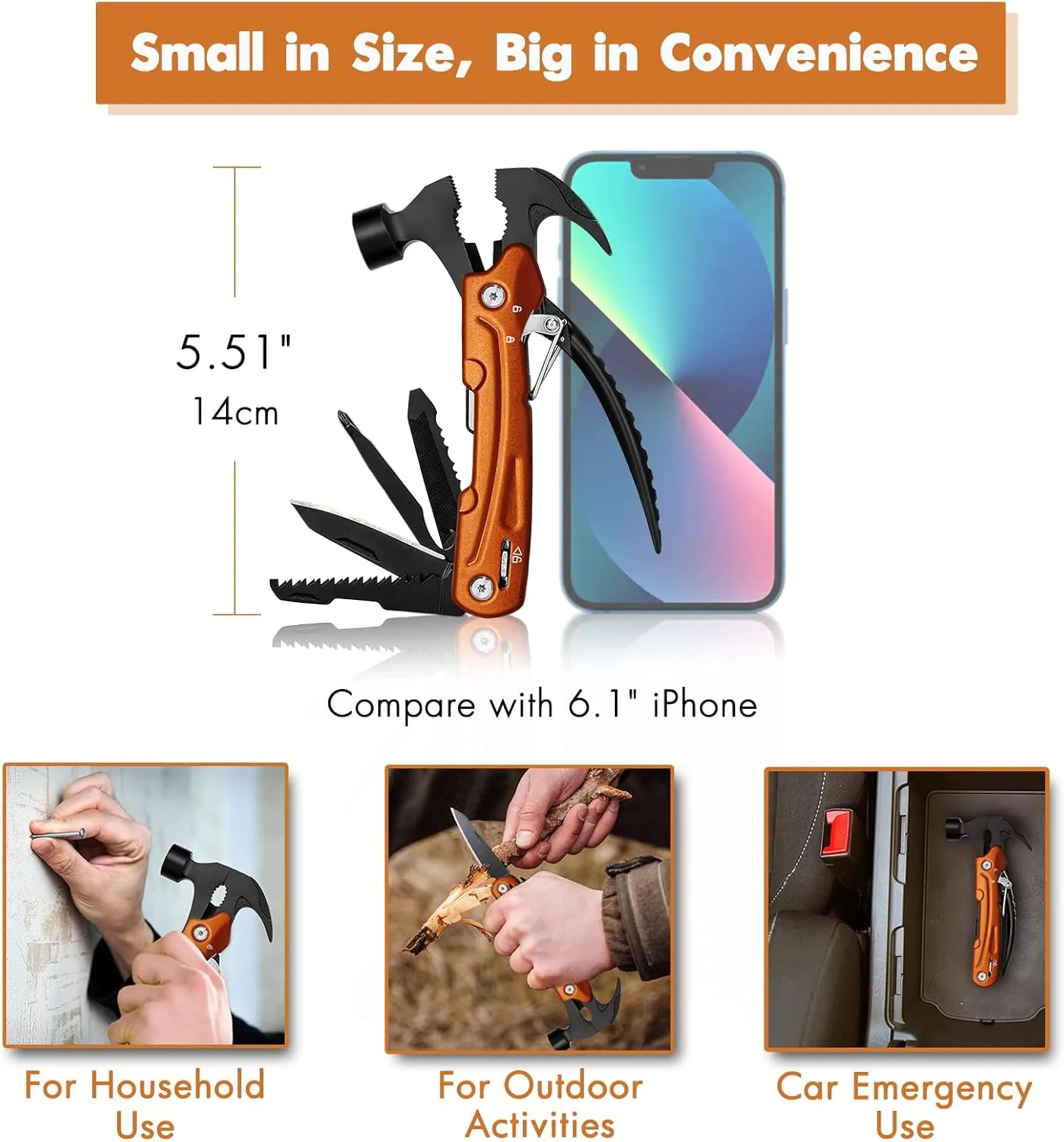 Father's Day Gifts for Men from Daughter Son Wife, Hammer Multitool Cool Gadgets Multi Tool with Gift Box Carrying Case Birthday Stocking Stuffers for Husband Him(Orange)