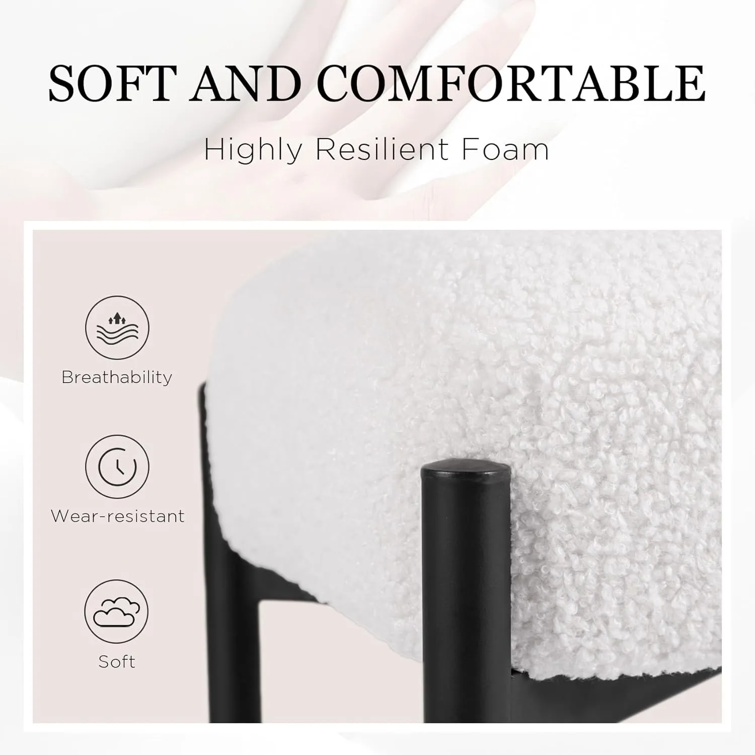 Faux Fur Vanity Stool Chair Set of 2, 16.3" L x 12.8" W x 17.3" H Soft Ottoman, Makeup Chair Bench Furry Padded Seat with 4 Metal Legs, Footstool Multifunctional Chairs for Bedroom, White