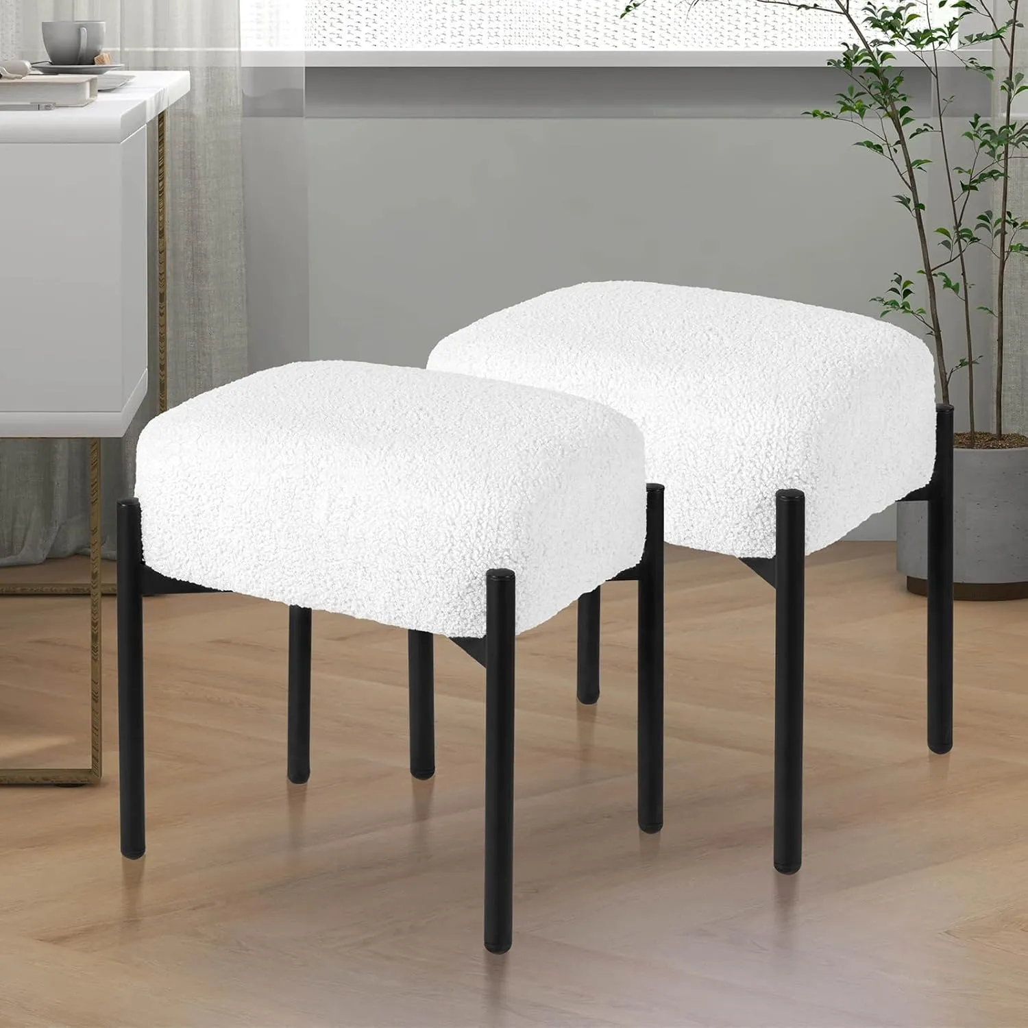 Faux Fur Vanity Stool Chair Set of 2, 16.3" L x 12.8" W x 17.3" H Soft Ottoman, Makeup Chair Bench Furry Padded Seat with 4 Metal Legs, Footstool Multifunctional Chairs for Bedroom, White