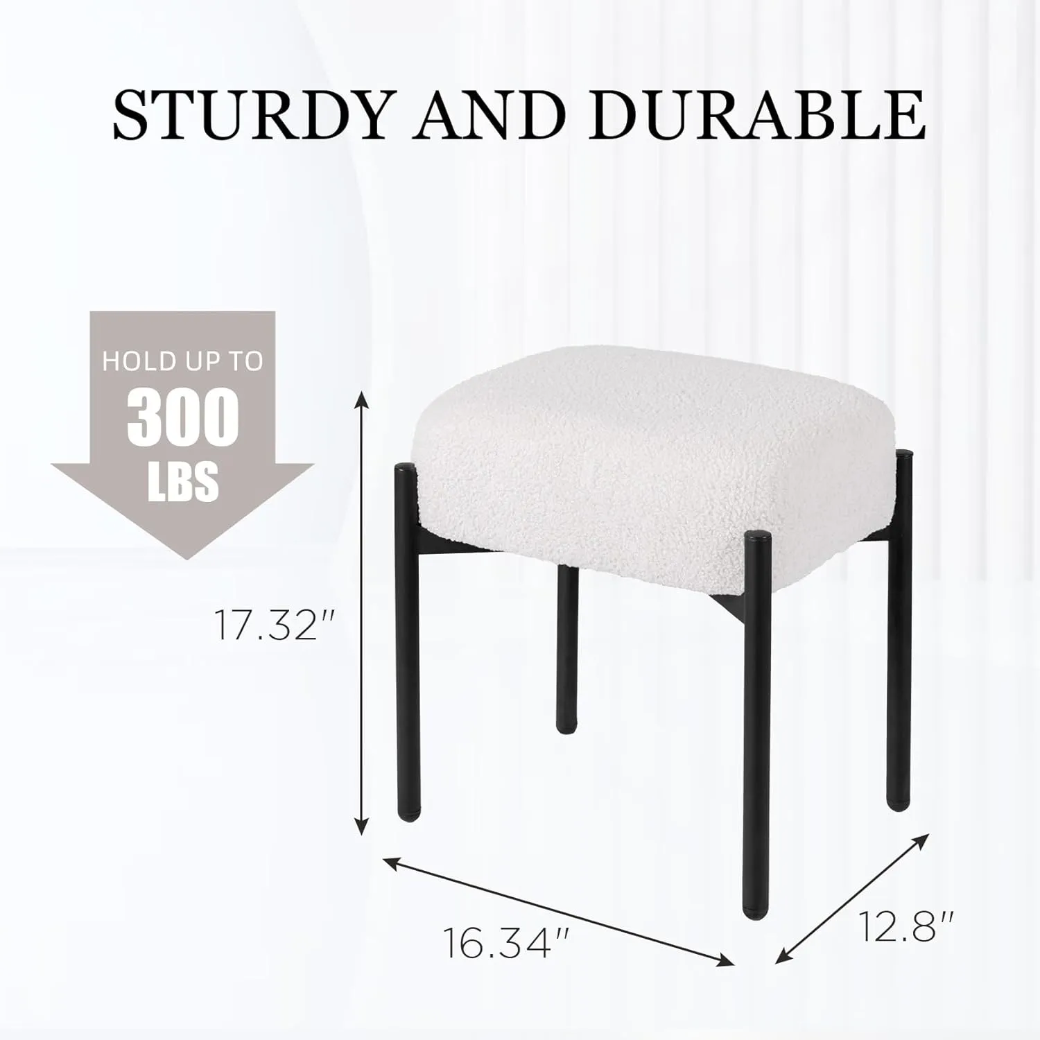 Faux Fur Vanity Stool Chair Set of 2, 16.3" L x 12.8" W x 17.3" H Soft Ottoman, Makeup Chair Bench Furry Padded Seat with 4 Metal Legs, Footstool Multifunctional Chairs for Bedroom, White