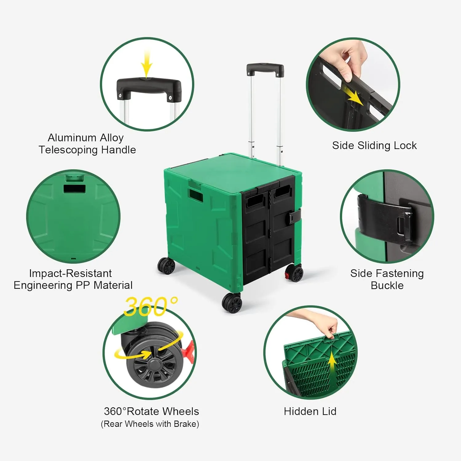 FELICON Folding Utility Cart Rolling Crate Handcart with Durable Heavy Duty Plastic Telescoping Handle Collapsible Hidden Lid 4 Rotate Wheels for Travel Shop Move Office Teacher Use(Dark Green&Black)