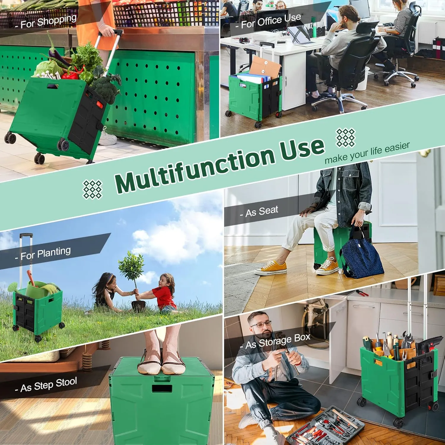 FELICON Folding Utility Cart Rolling Crate Handcart with Durable Heavy Duty Plastic Telescoping Handle Collapsible Hidden Lid 4 Rotate Wheels for Travel Shop Move Office Teacher Use(Dark Green&Black)