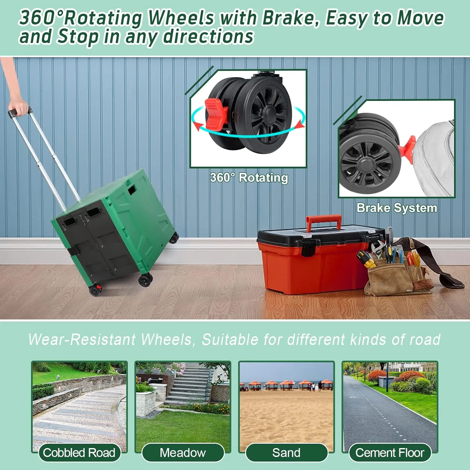FELICON Folding Utility Cart Rolling Crate Handcart with Durable Heavy Duty Plastic Telescoping Handle Collapsible Hidden Lid 4 Rotate Wheels for Travel Shop Move Office Teacher Use(Dark Green&Black)