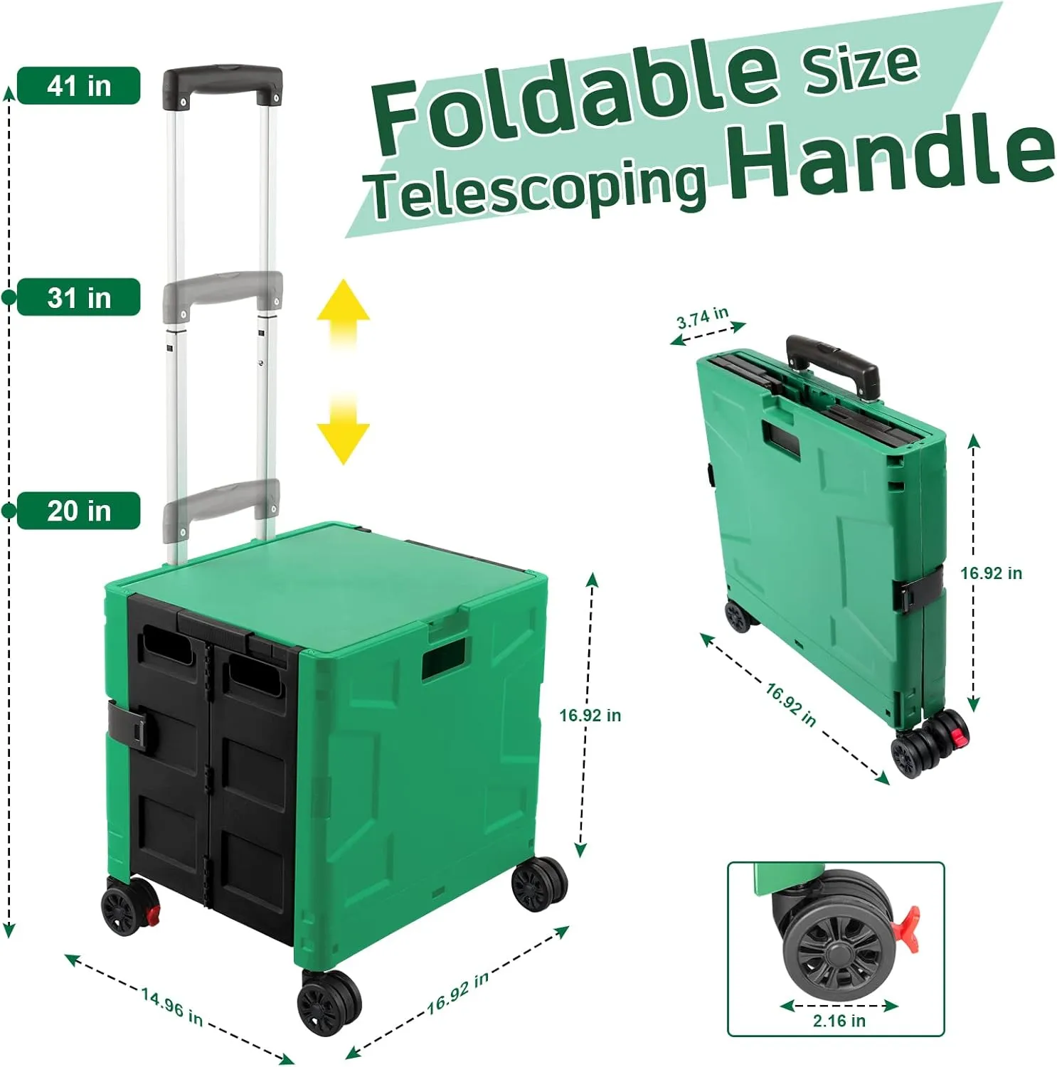 FELICON Folding Utility Cart Rolling Crate Handcart with Durable Heavy Duty Plastic Telescoping Handle Collapsible Hidden Lid 4 Rotate Wheels for Travel Shop Move Office Teacher Use(Dark Green&Black)