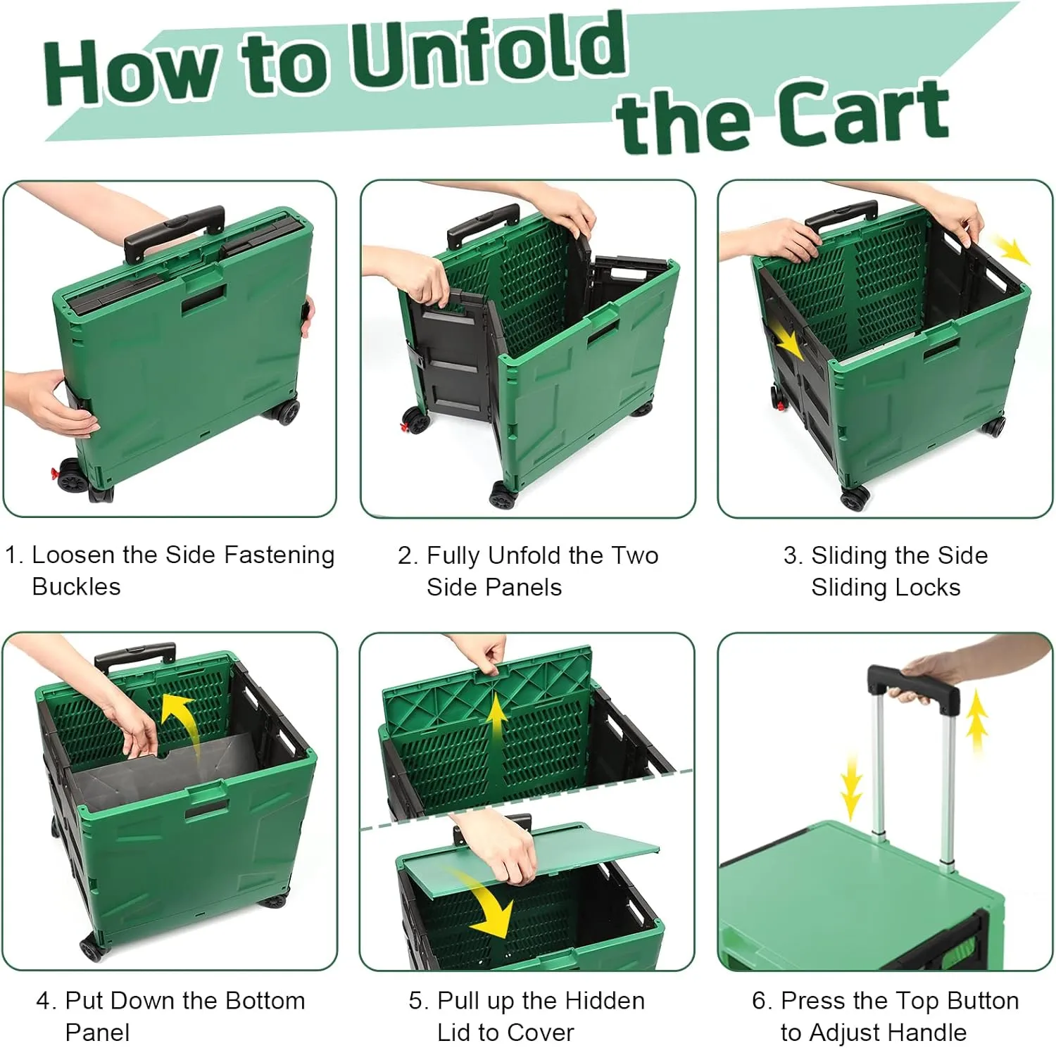 FELICON Folding Utility Cart Rolling Crate Handcart with Durable Heavy Duty Plastic Telescoping Handle Collapsible Hidden Lid 4 Rotate Wheels for Travel Shop Move Office Teacher Use(Dark Green&Black)