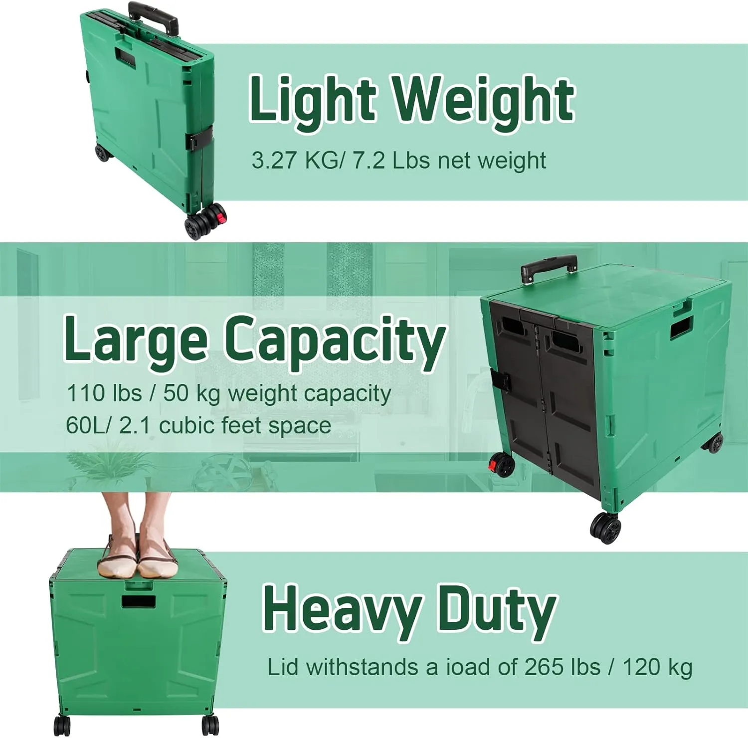FELICON Folding Utility Cart Rolling Crate Handcart with Durable Heavy Duty Plastic Telescoping Handle Collapsible Hidden Lid 4 Rotate Wheels for Travel Shop Move Office Teacher Use(Dark Green&Black)