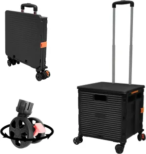 FELICON SELORSS Foldable Utility Cart Folding Portable Rolling Crate Handcart with Durable Heavy Duty Plastic Telescoping Handle Collapsible 4 Rotate Wheels for Travel Shop Move Luggage Office(Black)