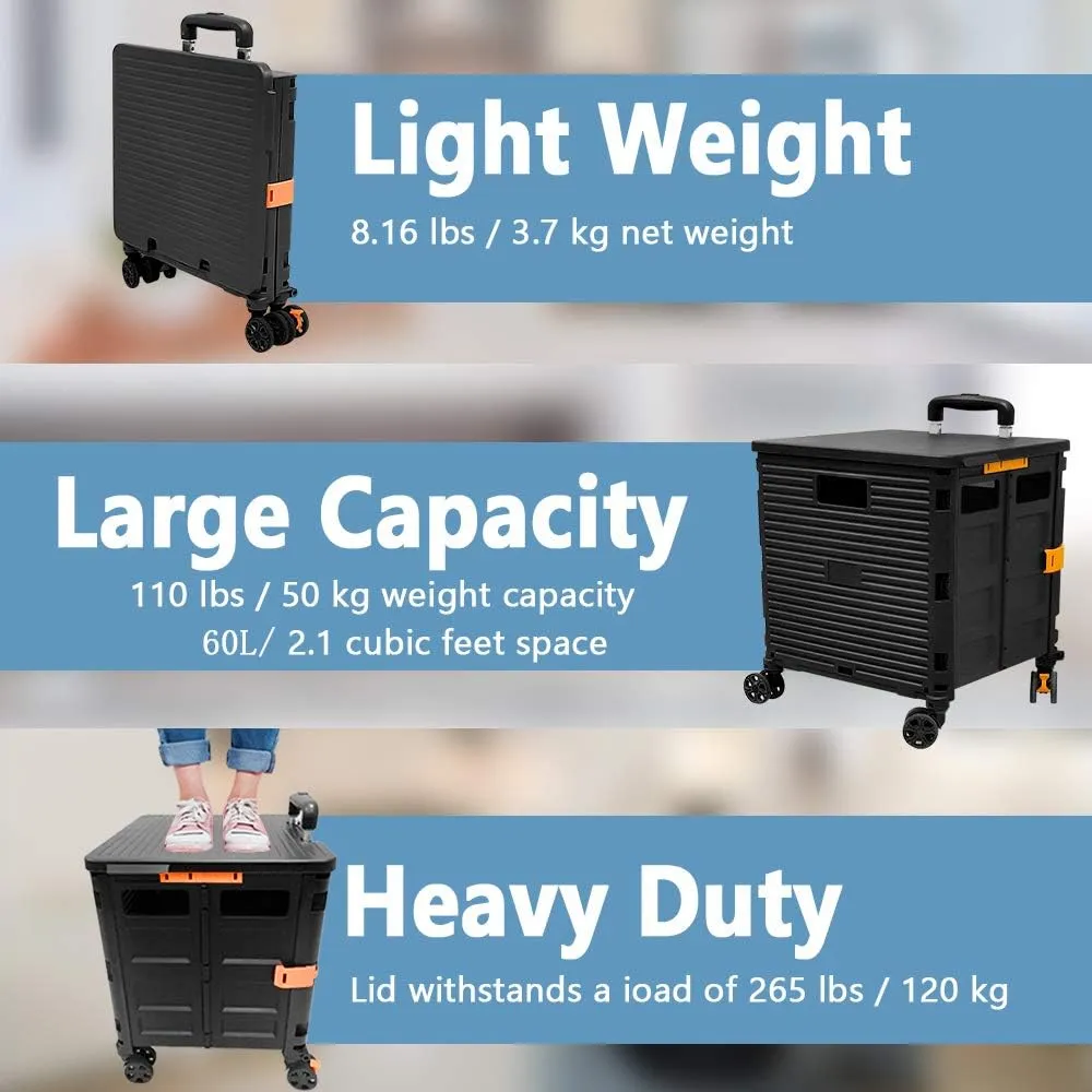 FELICON SELORSS Foldable Utility Cart Folding Portable Rolling Crate Handcart with Durable Heavy Duty Plastic Telescoping Handle Collapsible 4 Rotate Wheels for Travel Shop Move Luggage Office(Black)