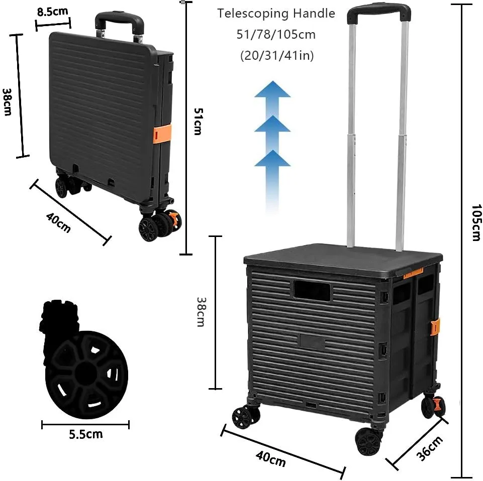 FELICON SELORSS Foldable Utility Cart Folding Portable Rolling Crate Handcart with Durable Heavy Duty Plastic Telescoping Handle Collapsible 4 Rotate Wheels for Travel Shop Move Luggage Office(Black)