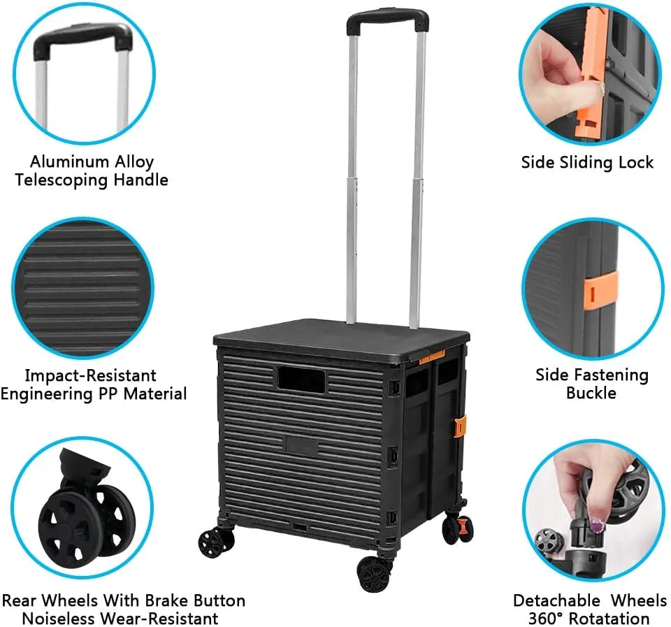 FELICON SELORSS Foldable Utility Cart Folding Portable Rolling Crate Handcart with Durable Heavy Duty Plastic Telescoping Handle Collapsible 4 Rotate Wheels for Travel Shop Move Luggage Office(Black)