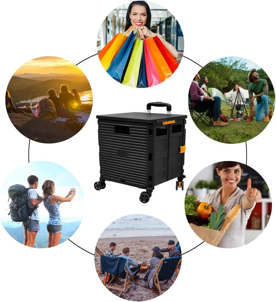 FELICON SELORSS Foldable Utility Cart Folding Portable Rolling Crate Handcart with Durable Heavy Duty Plastic Telescoping Handle Collapsible 4 Rotate Wheels for Travel Shop Move Luggage Office(Black)