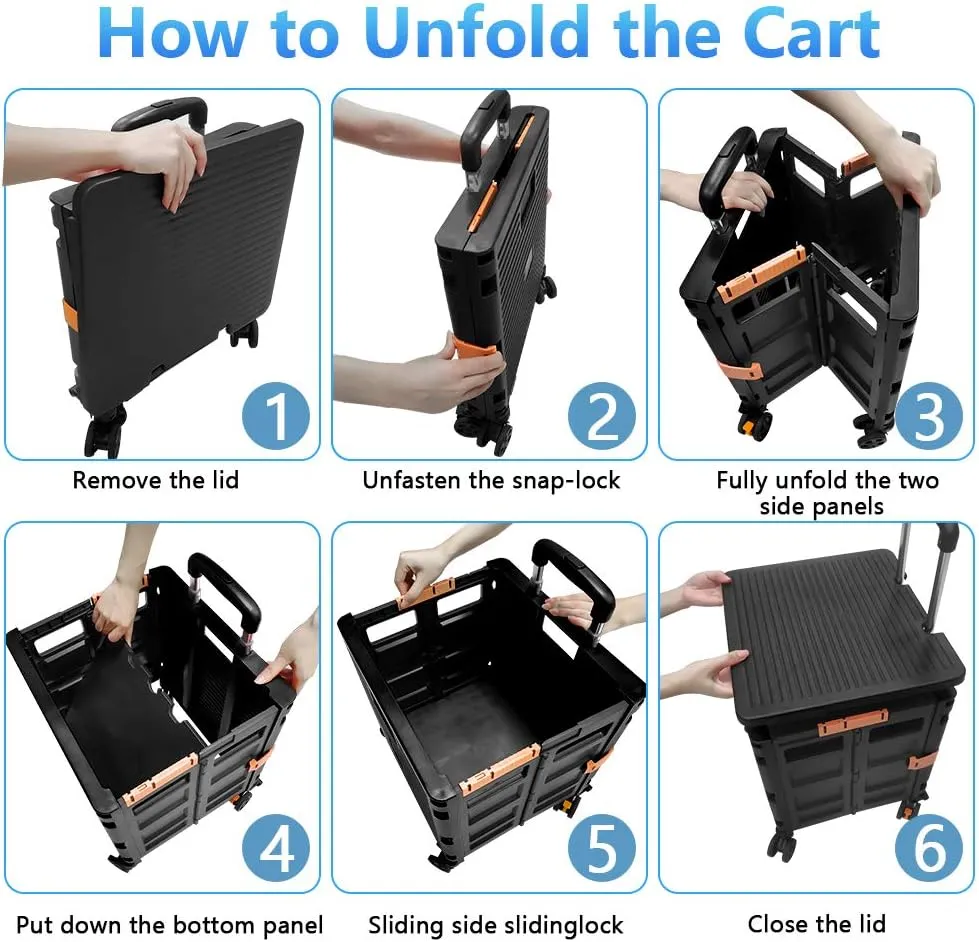 FELICON SELORSS Foldable Utility Cart Folding Portable Rolling Crate Handcart with Durable Heavy Duty Plastic Telescoping Handle Collapsible 4 Rotate Wheels for Travel Shop Move Luggage Office(Black)