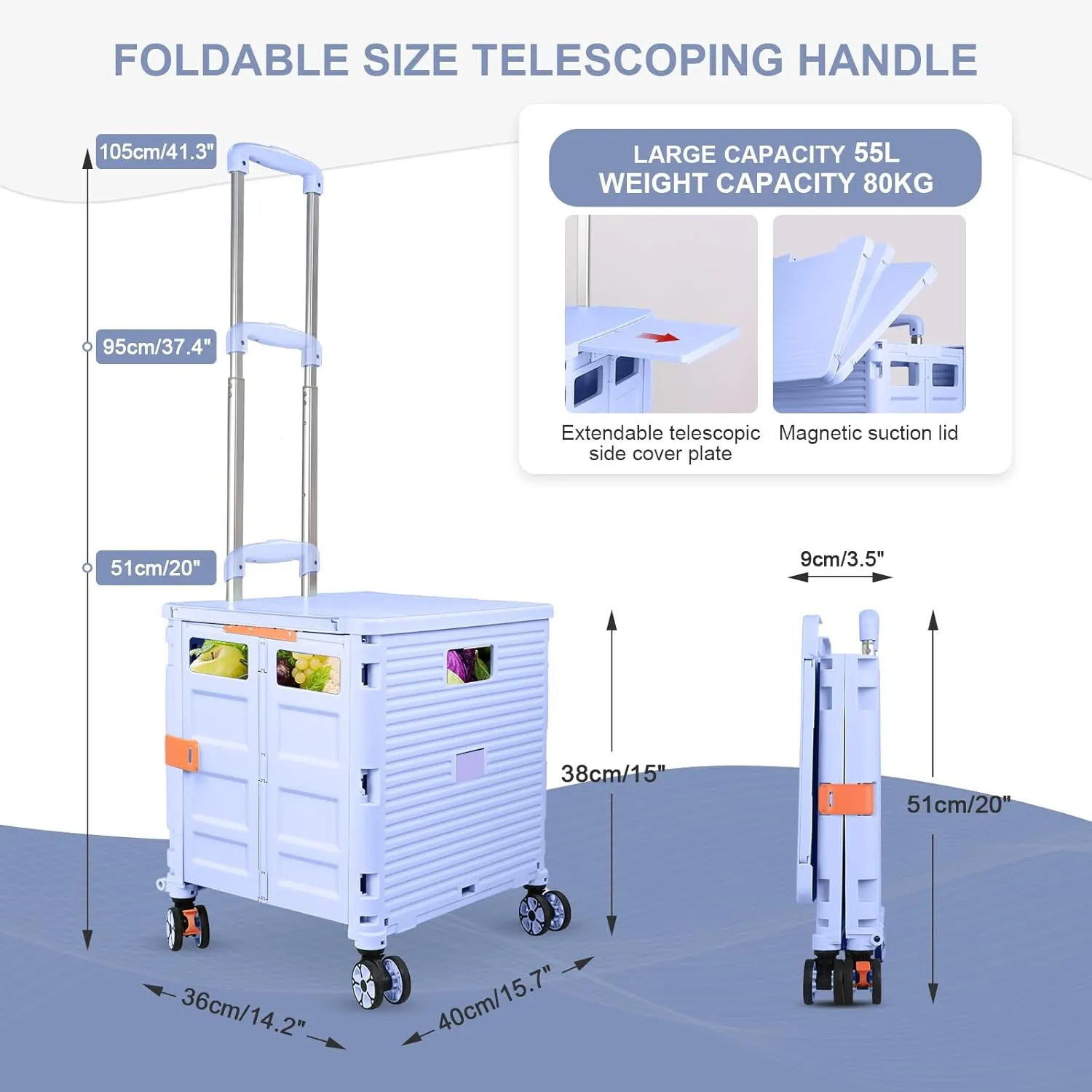 FELICON SELORSS Folding Utility Cart Portable Rolling Crate Handcart with Magnetic Sliding Lid Telescoping Handle Plastic Box Dolly 360°Swivel Wheels for Travel Shop Move Office Teacher Use(Blue Pro)