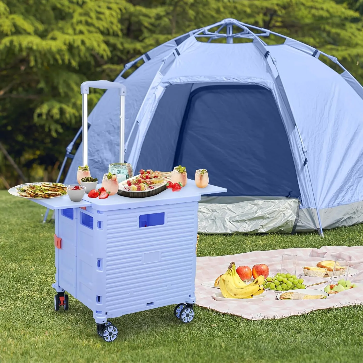 FELICON SELORSS Folding Utility Cart Portable Rolling Crate Handcart with Magnetic Sliding Lid Telescoping Handle Plastic Box Dolly 360°Swivel Wheels for Travel Shop Move Office Teacher Use(Blue Pro)