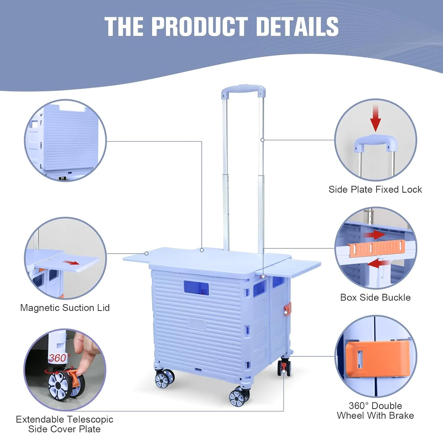FELICON SELORSS Folding Utility Cart Portable Rolling Crate Handcart with Magnetic Sliding Lid Telescoping Handle Plastic Box Dolly 360°Swivel Wheels for Travel Shop Move Office Teacher Use(Blue Pro)