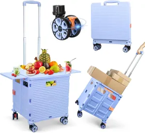 FELICON SELORSS Folding Utility Cart Portable Rolling Crate Handcart with Magnetic Sliding Lid Telescoping Handle Plastic Box Dolly 360°Swivel Wheels for Travel Shop Move Office Teacher Use(Blue Pro)