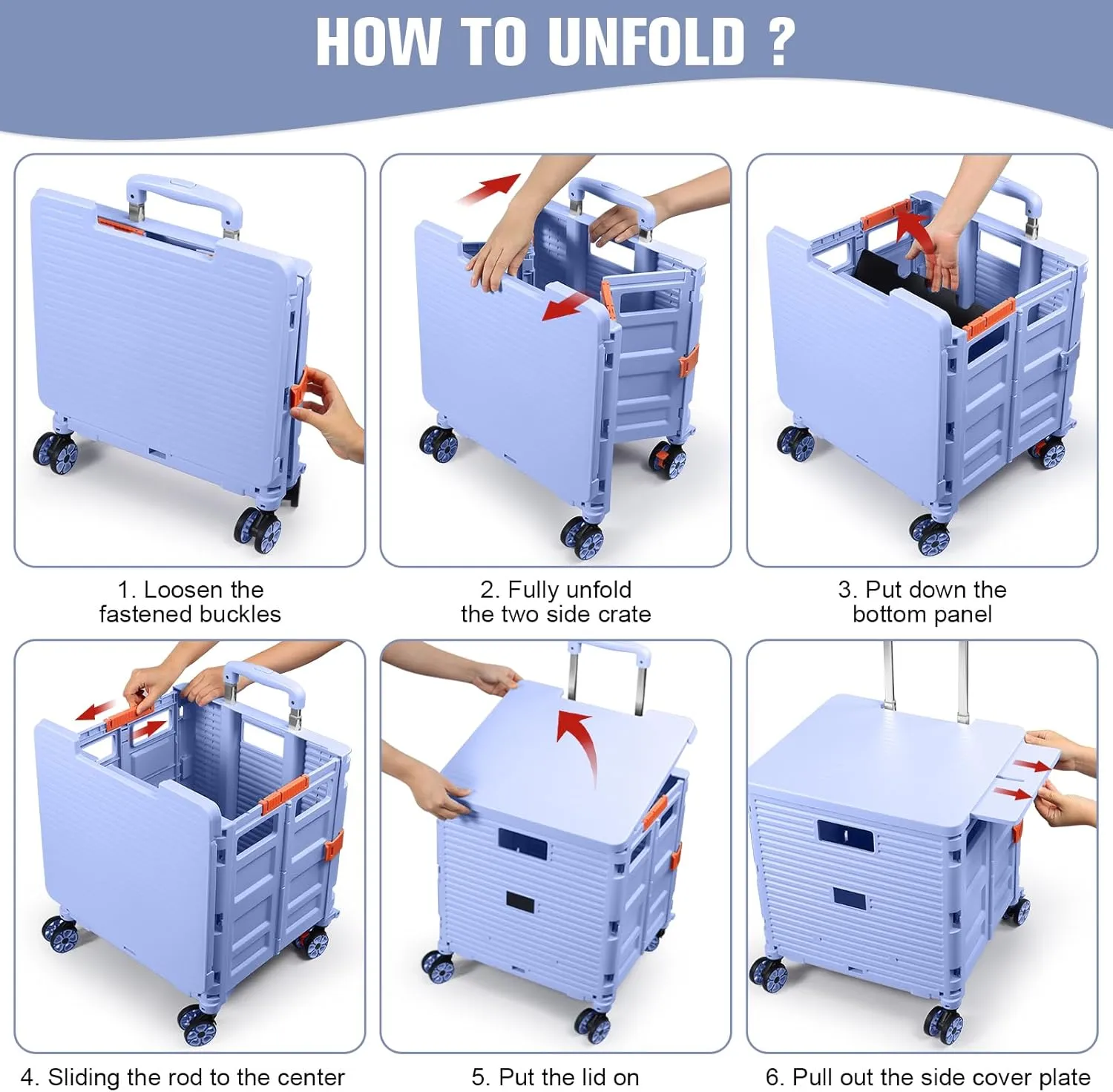 FELICON SELORSS Folding Utility Cart Portable Rolling Crate Handcart with Magnetic Sliding Lid Telescoping Handle Plastic Box Dolly 360°Swivel Wheels for Travel Shop Move Office Teacher Use(Blue Pro)