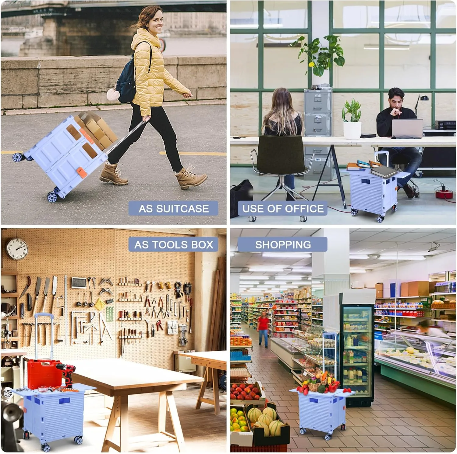 FELICON SELORSS Folding Utility Cart Portable Rolling Crate Handcart with Magnetic Sliding Lid Telescoping Handle Plastic Box Dolly 360°Swivel Wheels for Travel Shop Move Office Teacher Use(Blue Pro)