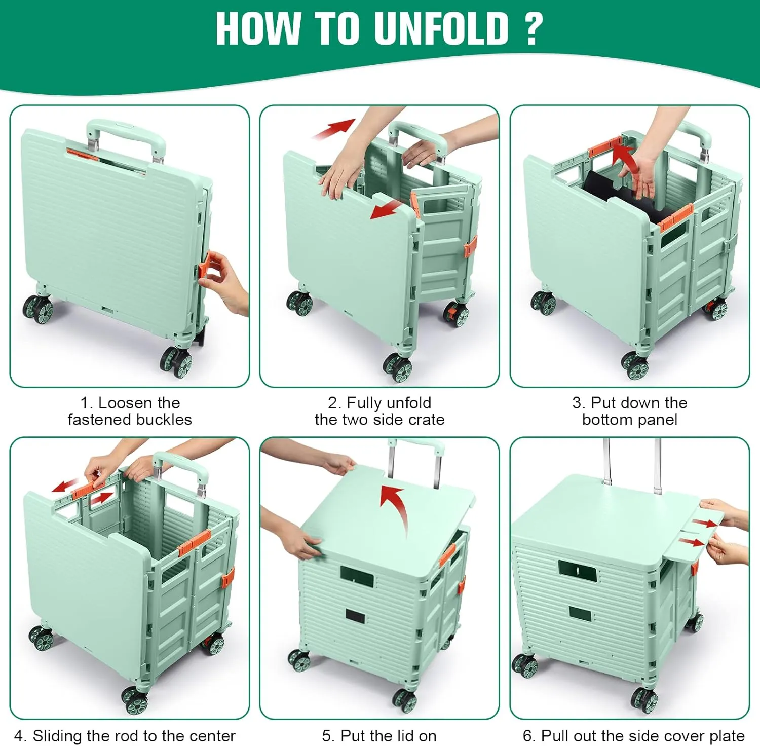 FELICON SELORSS Folding Utility Cart Portable Rolling Crate Handcart with Magnetic Sliding Lid Telescoping Handle Plastic Box Dolly 360°Swivel Wheels for Travel Shop Move Office Teacher(Green Pro)