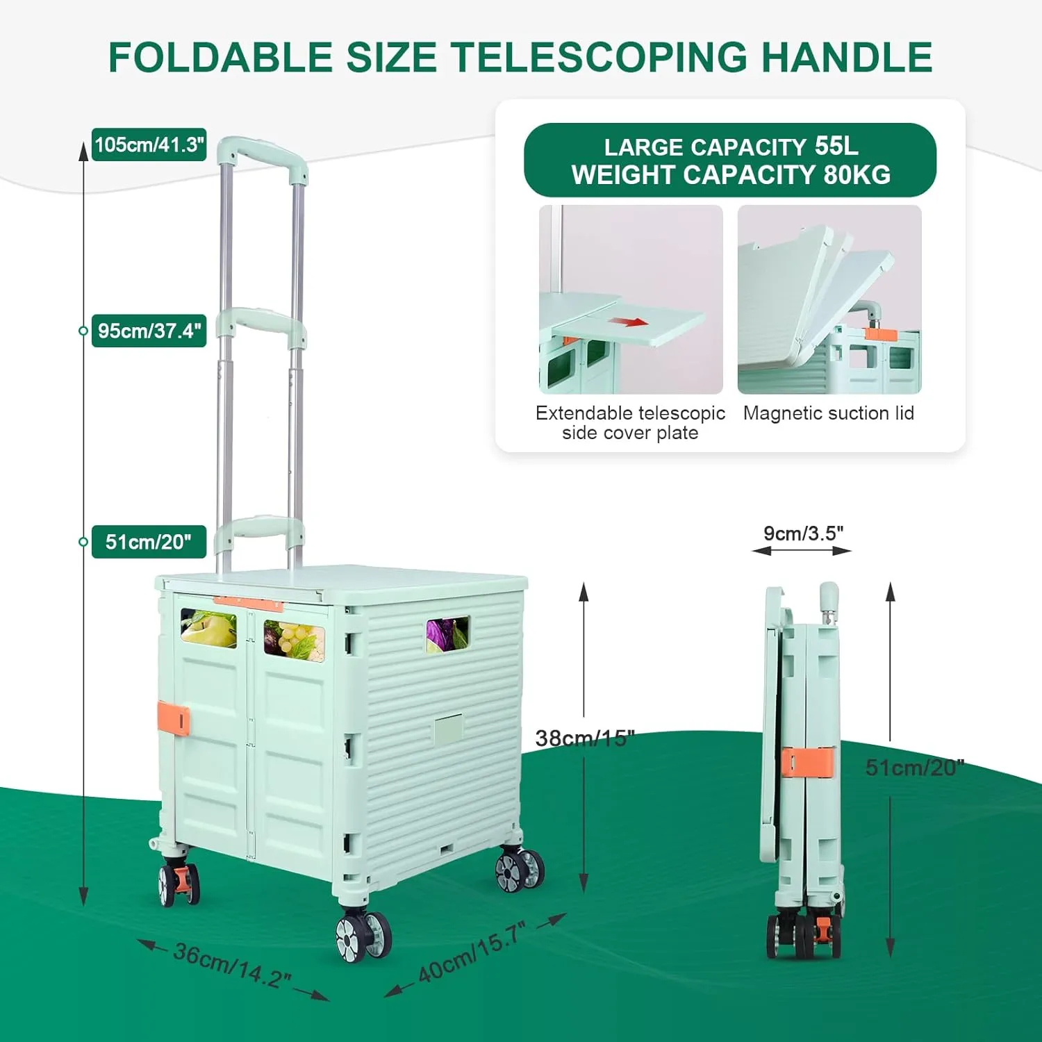FELICON SELORSS Folding Utility Cart Portable Rolling Crate Handcart with Magnetic Sliding Lid Telescoping Handle Plastic Box Dolly 360°Swivel Wheels for Travel Shop Move Office Teacher(Green Pro)