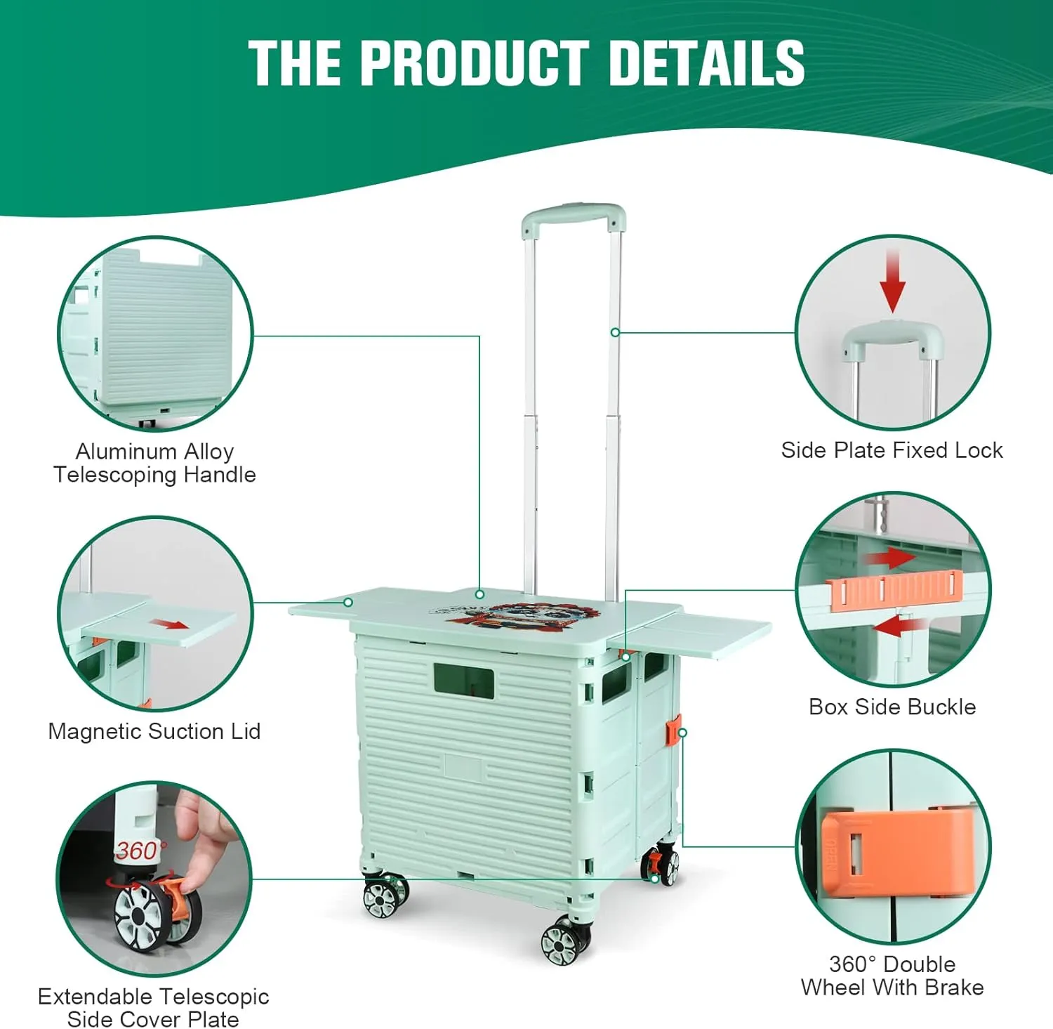 FELICON SELORSS Folding Utility Cart Portable Rolling Crate Handcart with Magnetic Sliding Lid Telescoping Handle Plastic Box Dolly 360°Swivel Wheels for Travel Shop Move Office Teacher(Green Pro)