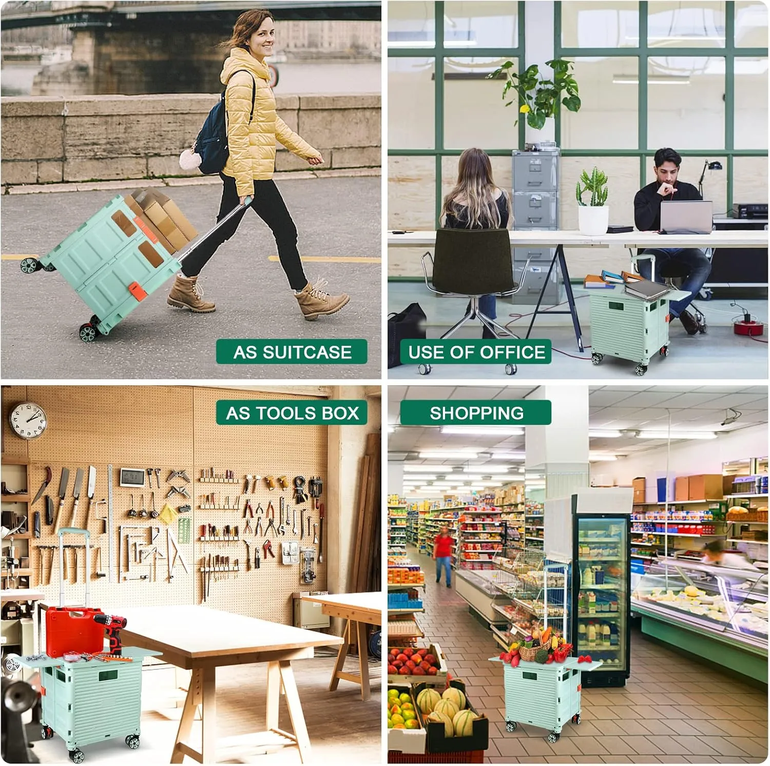 FELICON SELORSS Folding Utility Cart Portable Rolling Crate Handcart with Magnetic Sliding Lid Telescoping Handle Plastic Box Dolly 360°Swivel Wheels for Travel Shop Move Office Teacher(Green Pro)