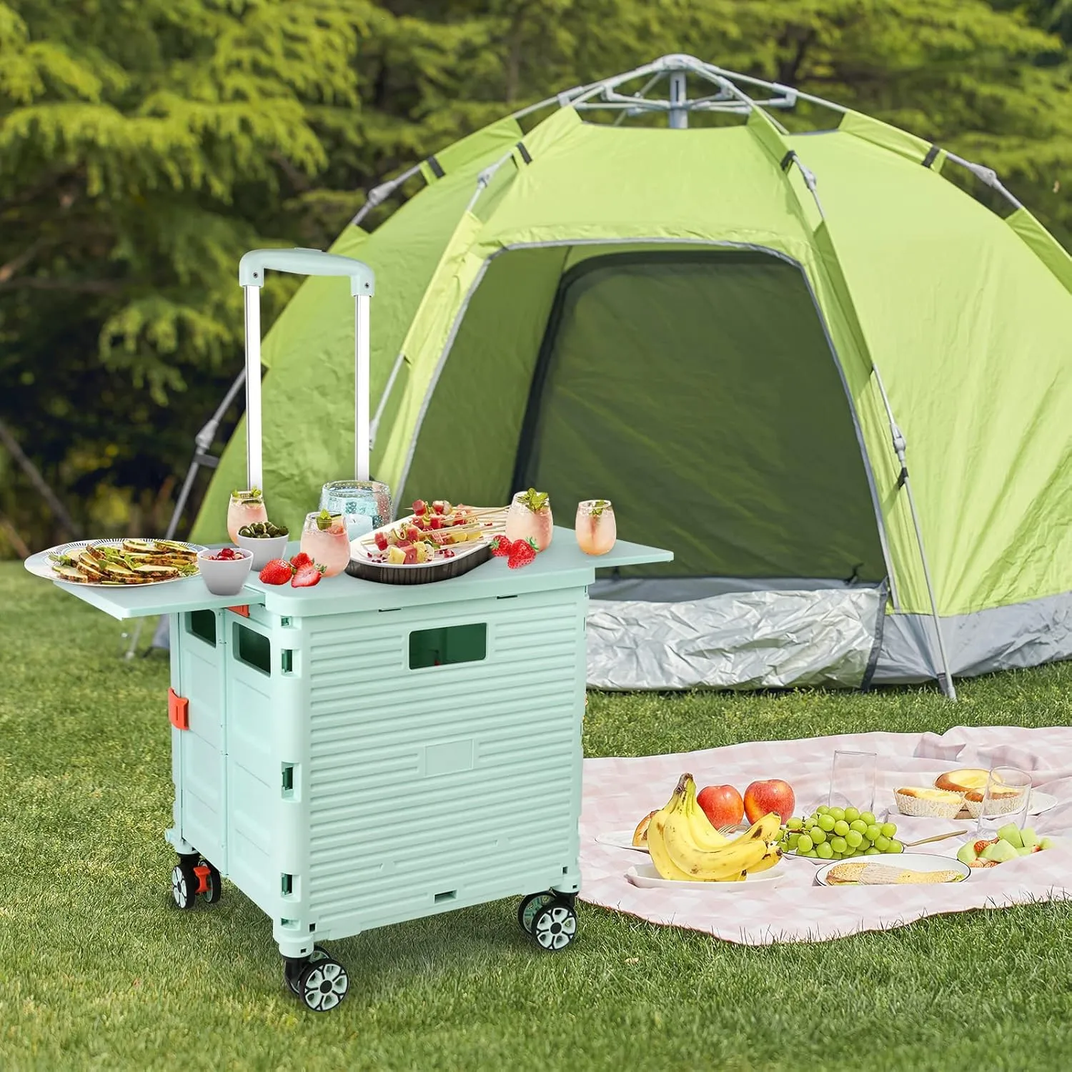 FELICON SELORSS Folding Utility Cart Portable Rolling Crate Handcart with Magnetic Sliding Lid Telescoping Handle Plastic Box Dolly 360°Swivel Wheels for Travel Shop Move Office Teacher(Green Pro)