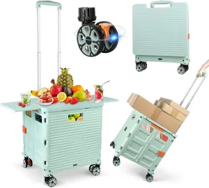 FELICON SELORSS Folding Utility Cart Portable Rolling Crate Handcart with Magnetic Sliding Lid Telescoping Handle Plastic Box Dolly 360°Swivel Wheels for Travel Shop Move Office Teacher(Green Pro)