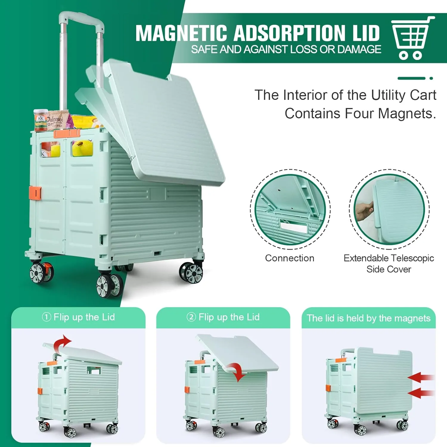FELICON SELORSS Folding Utility Cart Portable Rolling Crate Handcart with Magnetic Sliding Lid Telescoping Handle Plastic Box Dolly 360°Swivel Wheels for Travel Shop Move Office Teacher(Green Pro)