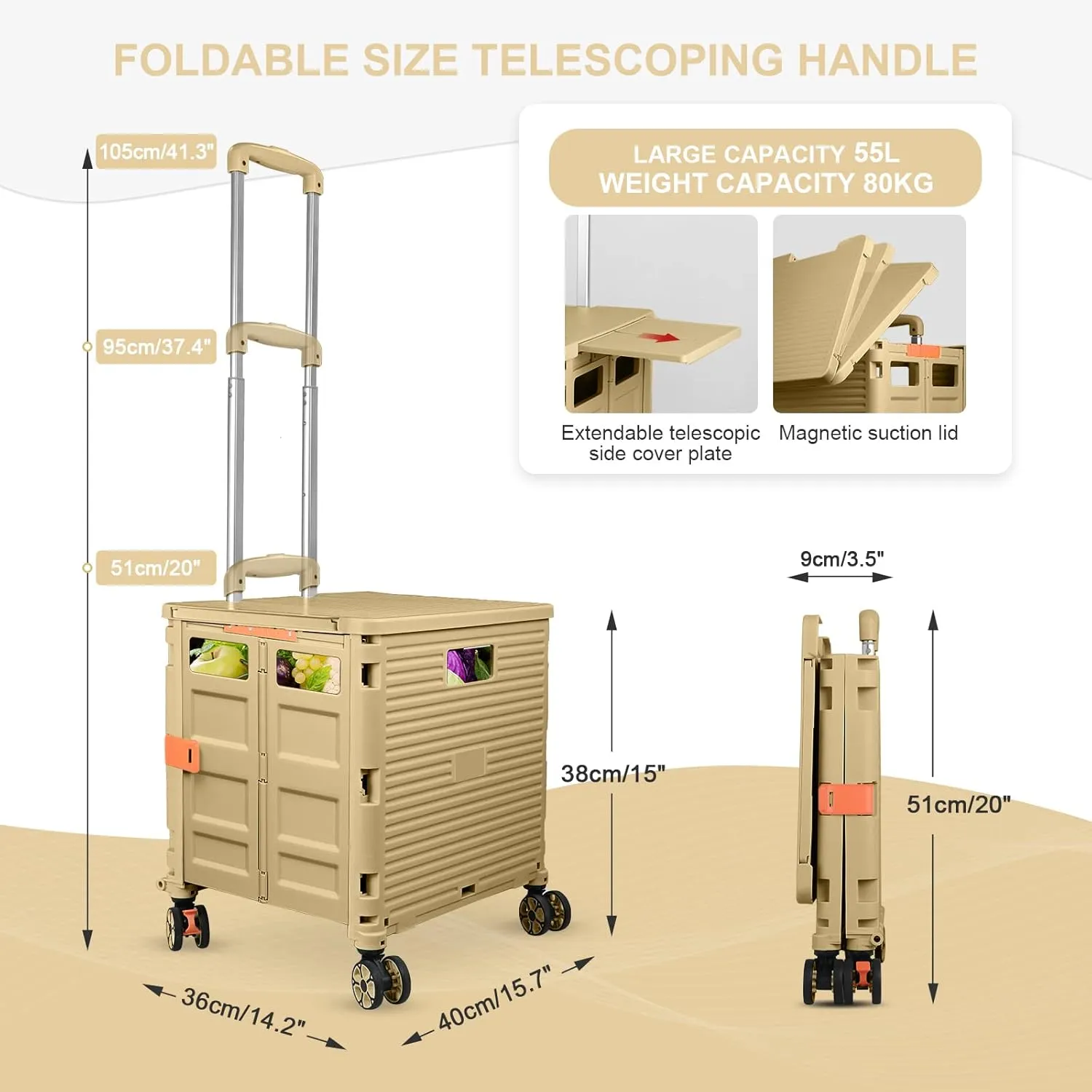 FELICON SELORSS Folding Utility Cart Portable Rolling Crate Handcart with Magnetic Sliding Lid Telescoping Handle Plastic Box Dolly 360°Swivel Wheels for Travel Shop Move Office Teacher(Khaki Pro)