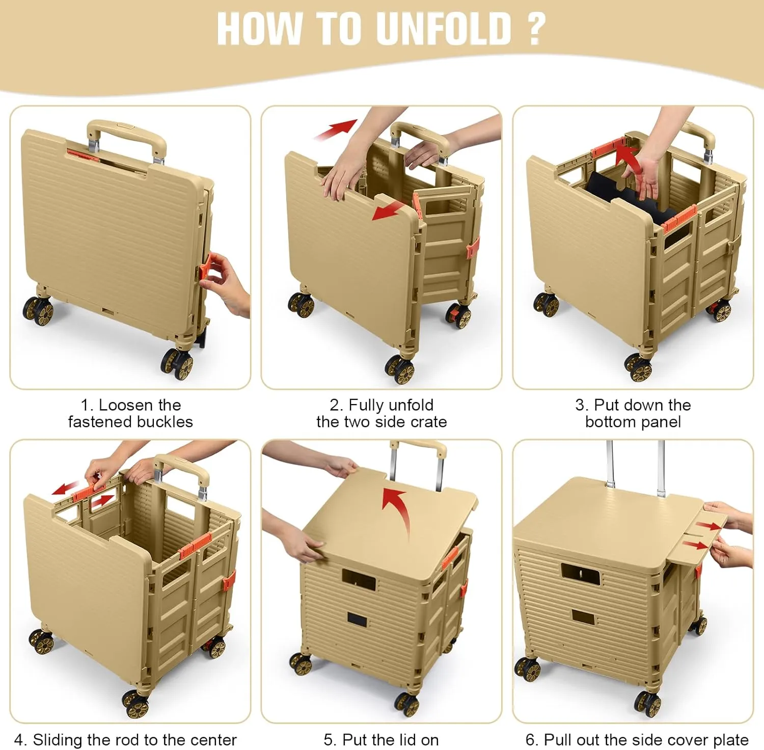 FELICON SELORSS Folding Utility Cart Portable Rolling Crate Handcart with Magnetic Sliding Lid Telescoping Handle Plastic Box Dolly 360°Swivel Wheels for Travel Shop Move Office Teacher(Khaki Pro)