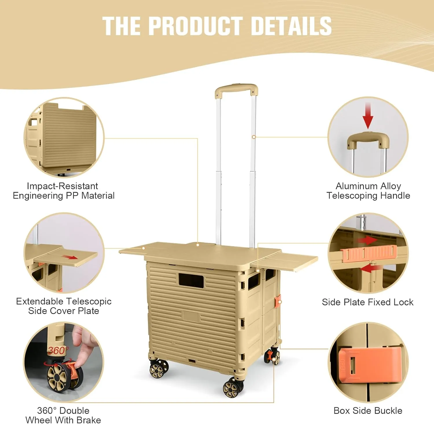 FELICON SELORSS Folding Utility Cart Portable Rolling Crate Handcart with Magnetic Sliding Lid Telescoping Handle Plastic Box Dolly 360°Swivel Wheels for Travel Shop Move Office Teacher(Khaki Pro)