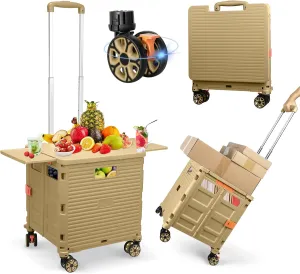 FELICON SELORSS Folding Utility Cart Portable Rolling Crate Handcart with Magnetic Sliding Lid Telescoping Handle Plastic Box Dolly 360°Swivel Wheels for Travel Shop Move Office Teacher(Khaki Pro)