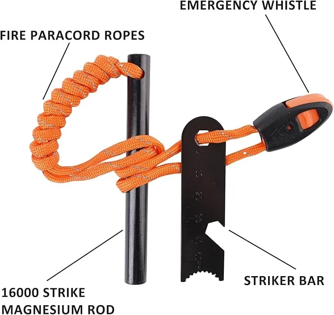 Ferro Rod Fire Starter 4 Pack Flint Fire Starter Survival Tool Flint and Steel Fire Starter Kit 6-in-1，Fire Steel with Paracord and Whistle for Camping, Hiking, Hunting, Emergency Rescue…