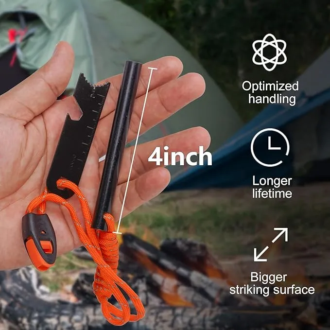 Ferro Rod Fire Starter 4 Pack Flint Fire Starter Survival Tool Flint and Steel Fire Starter Kit 6-in-1，Fire Steel with Paracord and Whistle for Camping, Hiking, Hunting, Emergency Rescue…