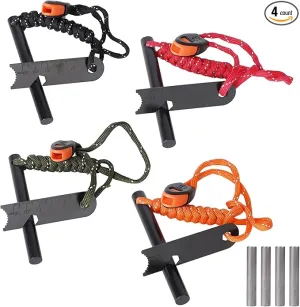 Ferro Rod Fire Starter 4 Pack Flint Fire Starter Survival Tool Flint and Steel Fire Starter Kit 6-in-1，Fire Steel with Paracord and Whistle for Camping, Hiking, Hunting, Emergency Rescue…