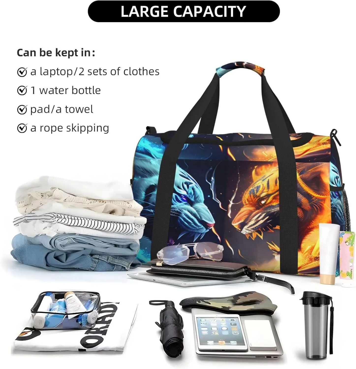Fire And Ice Tiger Travel Duffel Bag Large Foldable Waterproof Overnight Bag For Beach Swim Bags Pool Sports Gym