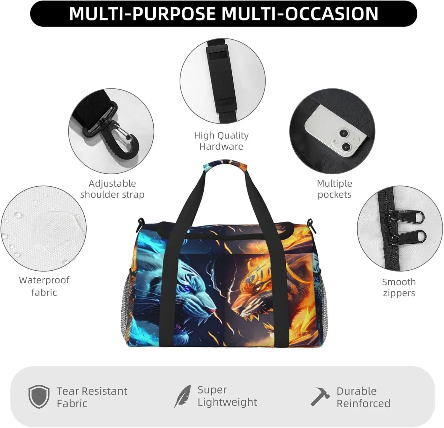 Fire And Ice Tiger Travel Duffel Bag Large Foldable Waterproof Overnight Bag For Beach Swim Bags Pool Sports Gym