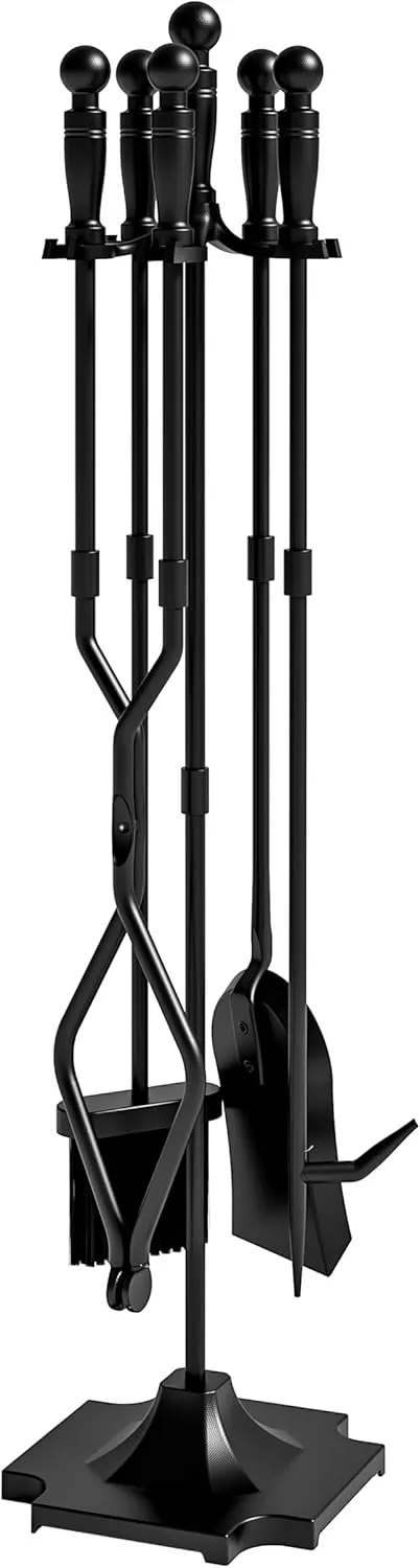 Fire Beauty Fireplace Tools, 5 Pieces Fireside Accessories Fire Kit Set,Woodstove Tools Holder Wrought Iron Handle Indoor Fireset Stand (32 Inches)