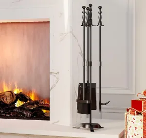 Fire Beauty Fireplace Tools Set 4 Pieces Black Wrought Iron Fire Tool Set for Outdoor/Indoor Include Poker, Shovel, Brush and Stand Accessories Set