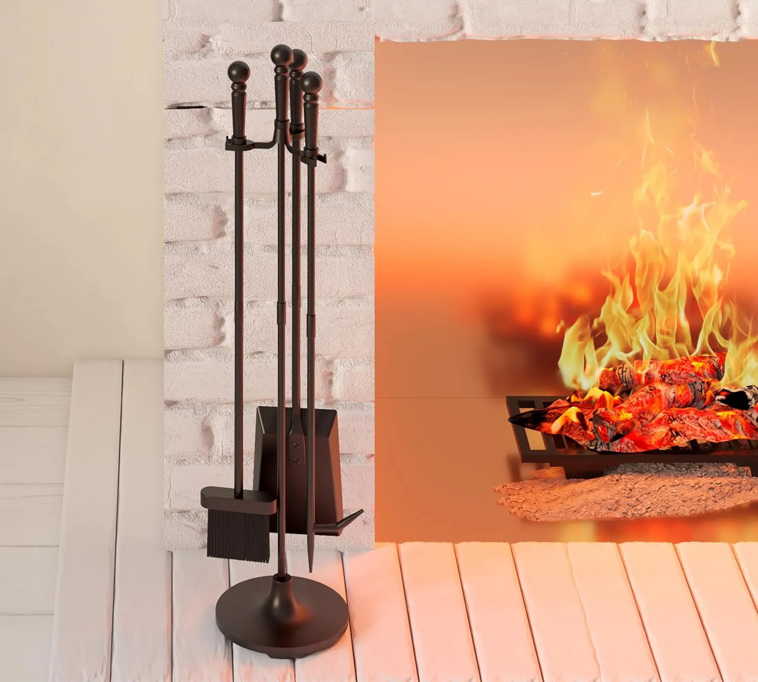 Fire Beauty Fireplace Tools Set 4 Pieces Black Wrought Iron Fire Tool Set for Outdoor/Indoor Include Poker, Shovel, Brush and Stand Accessories Set