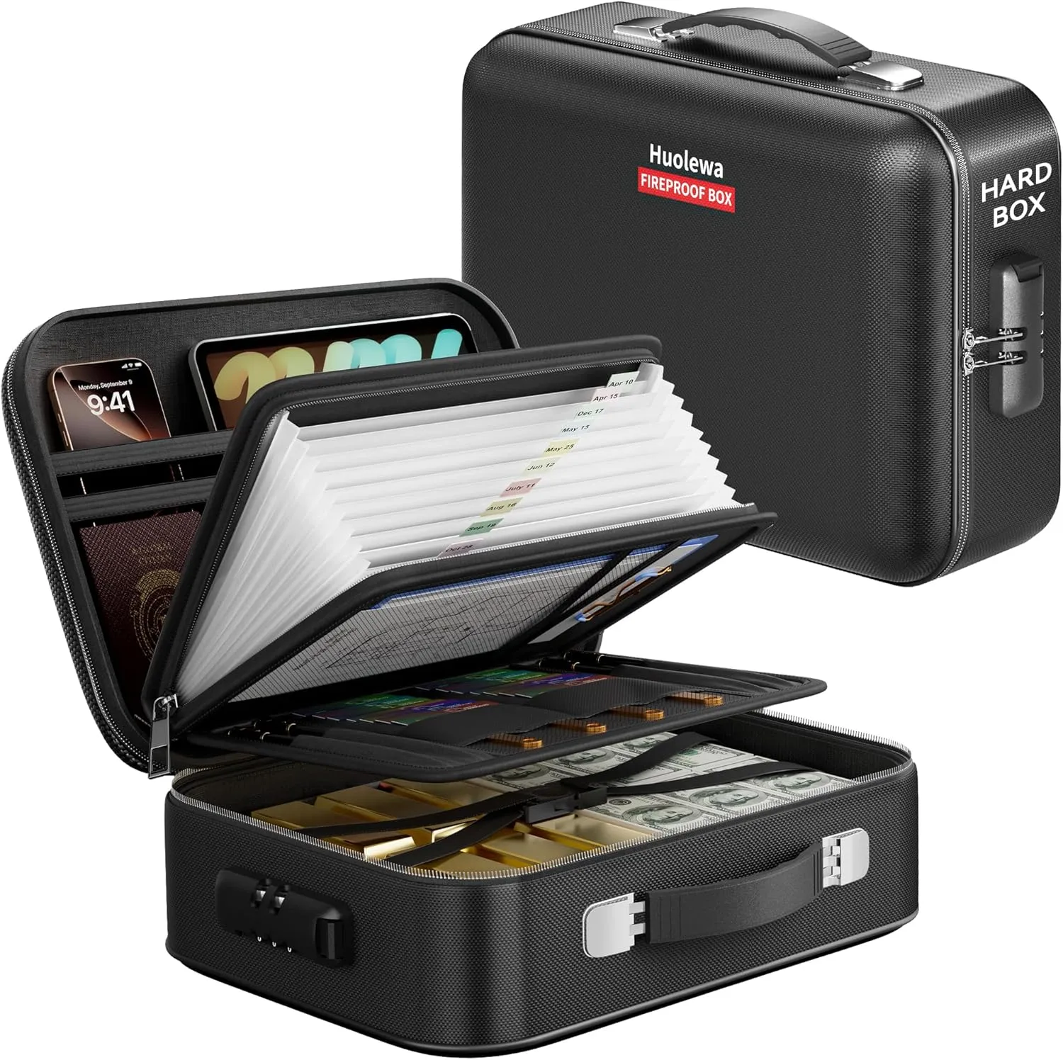 Fireproof Document Box, Hard Case Fireproof Box with Lock, Portable Hard-Shell Fireproof Water Resistant Document Safe for Important Documents, Laptops, Passports, Files and More