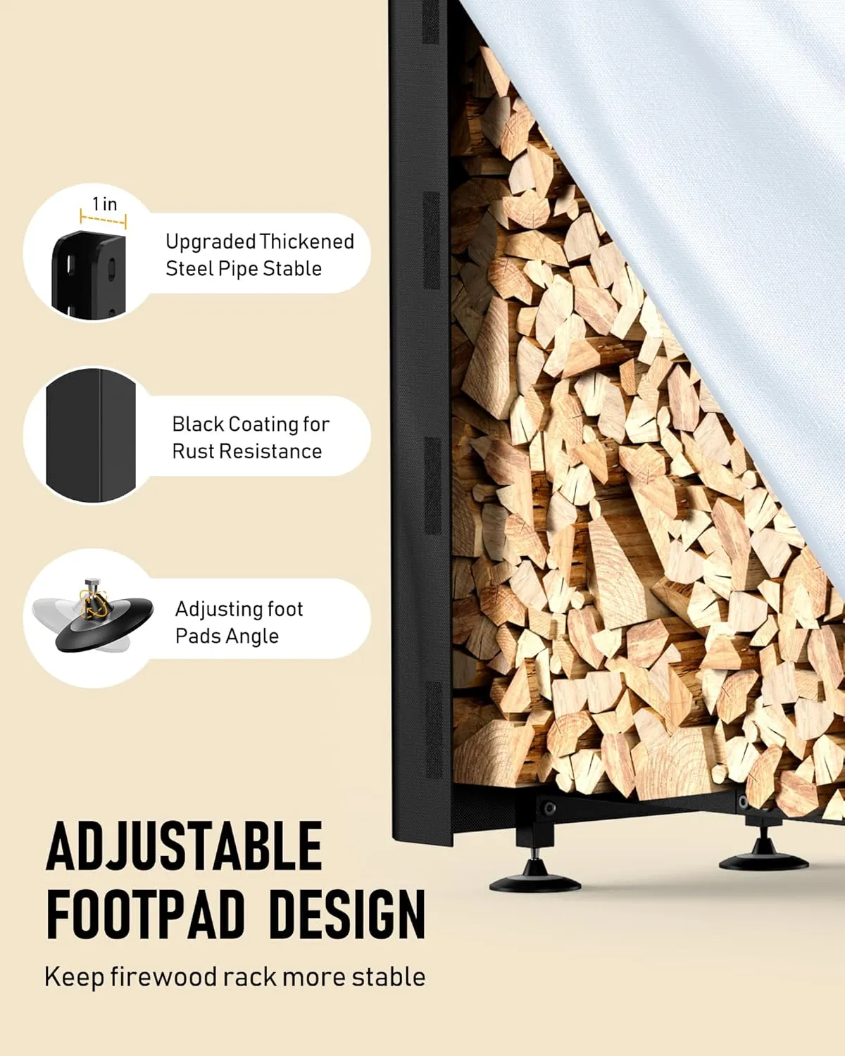 Firewood Rack Outdoor with Cover, 8FT Wood Rack for Firewood Indoor, Waterproof Fire Wood Holder Outside, Adjustable Heavy Duty Logs Stand Stacker Holder for Patio Deck, Black