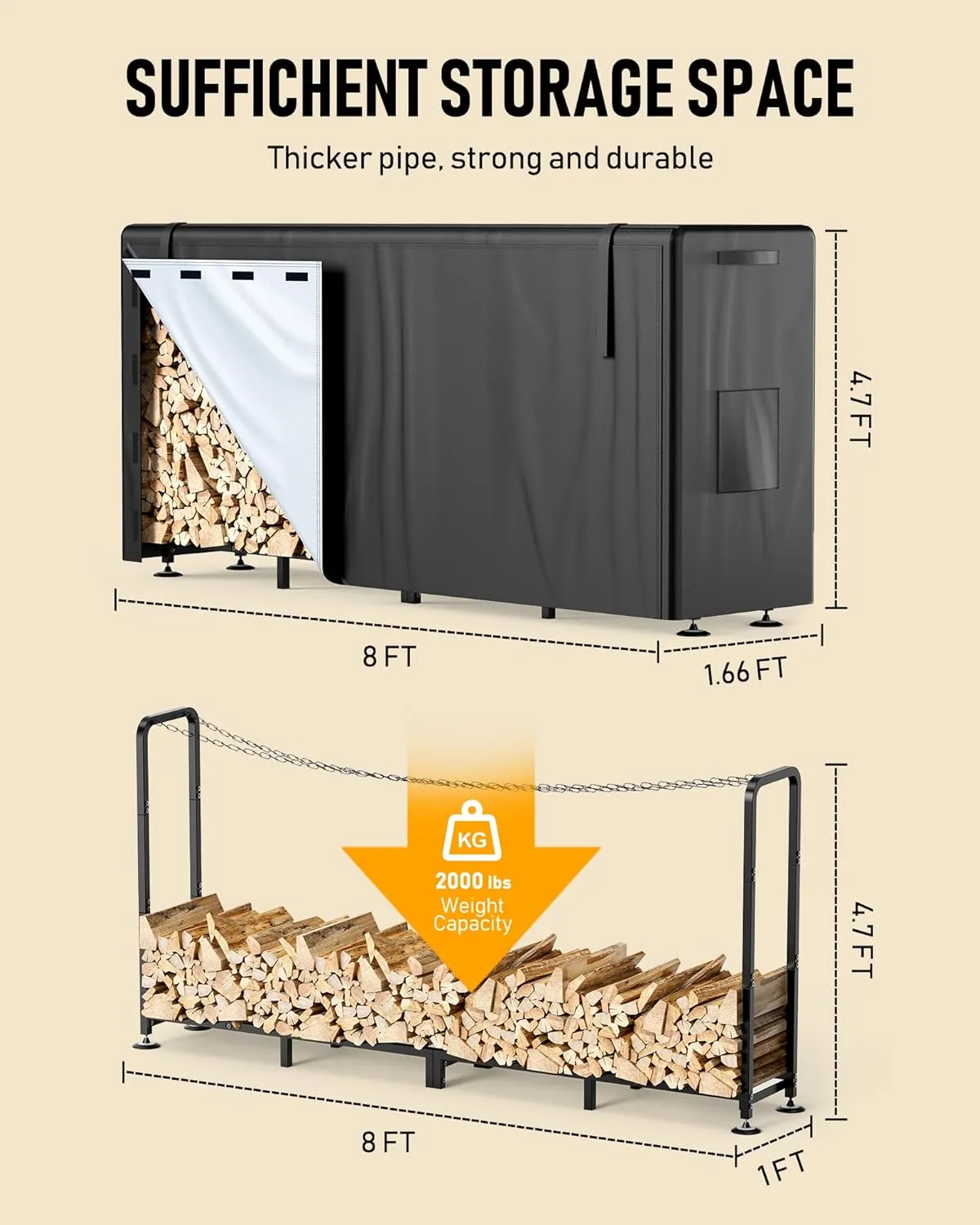 Firewood Rack Outdoor with Cover, 8FT Wood Rack for Firewood Indoor, Waterproof Fire Wood Holder Outside, Adjustable Heavy Duty Logs Stand Stacker Holder for Patio Deck, Black