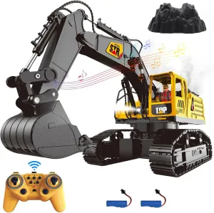 Fistone Remote Control Excavator Toys, 14 Channel 1:14 RC Construction Vehicles Toy with Mist Spray, 2.4GHZ Light and Sound RC Digger with Alloy Shovel, for Boys Girls Age 6-12 Year Old Adults