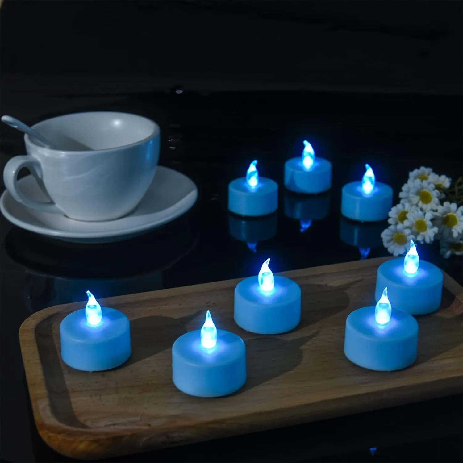 Flameless LED Tea Lights Candles, Battery Operated Flickering Electric Fake Candles Bulk, 100Pack Powered Votive Tealights Long Lasting 200H  Bright Blue Lamp for Seasonal and Festive Decoration